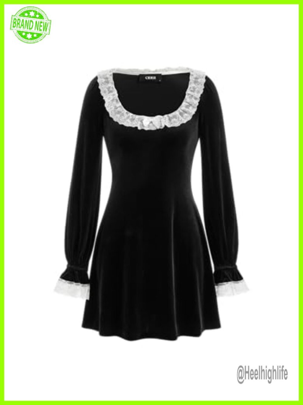 Mini Dress Long Sleeve Lace Trim Bow Tie Collar A-Line Casual